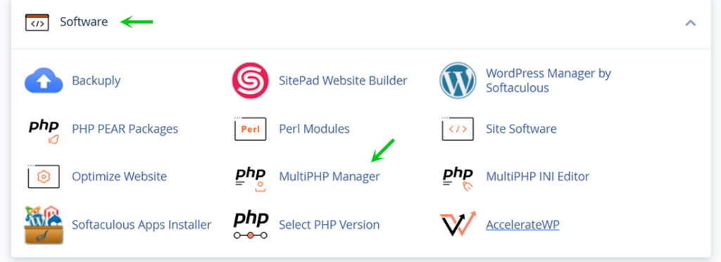 Select MultiPHP button under the Software Section in cPanel.
