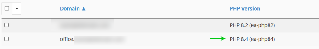 If action is successful you will see the new PHP version reflected for the domain.
