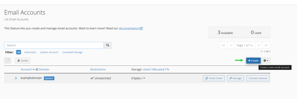 Click the Create button to create an email in your Email Account screen