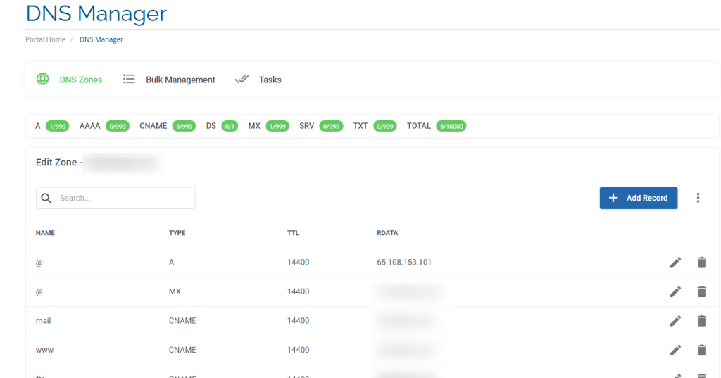 domain dns record management, add/remove records.