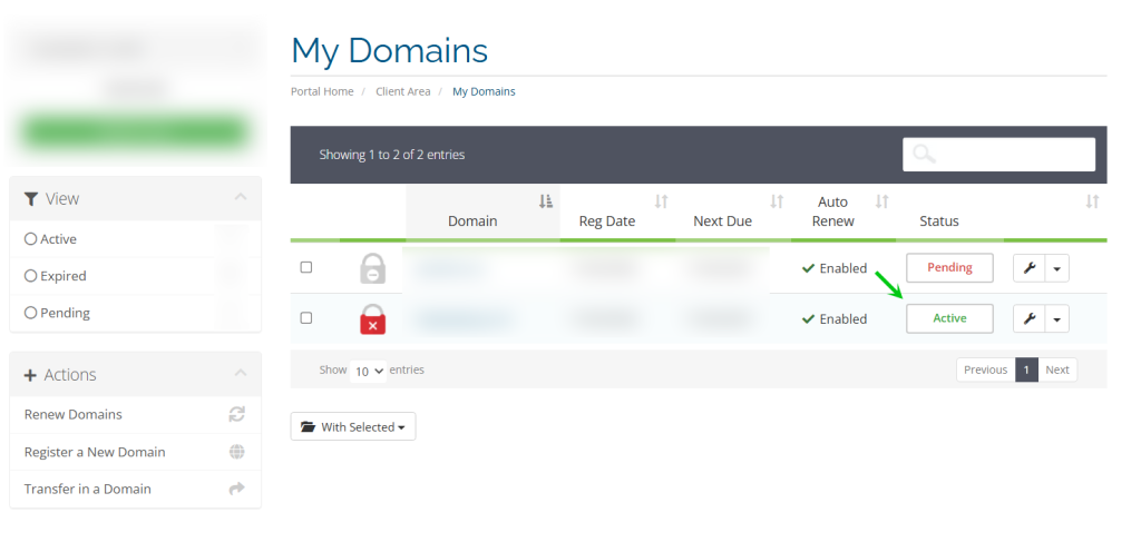 Select your domain from the My Domains list.