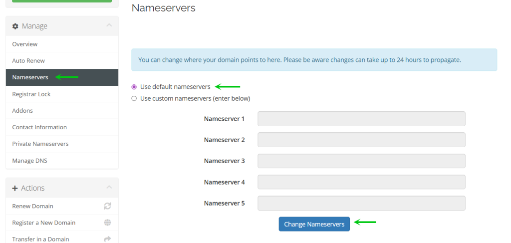 Click Nameservers tab, on screen you can manage domain nameservers and click apply.