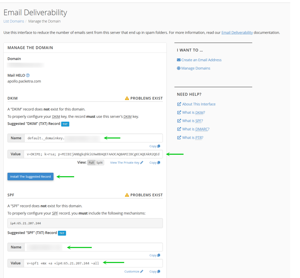 Install the suggested records to cPanel