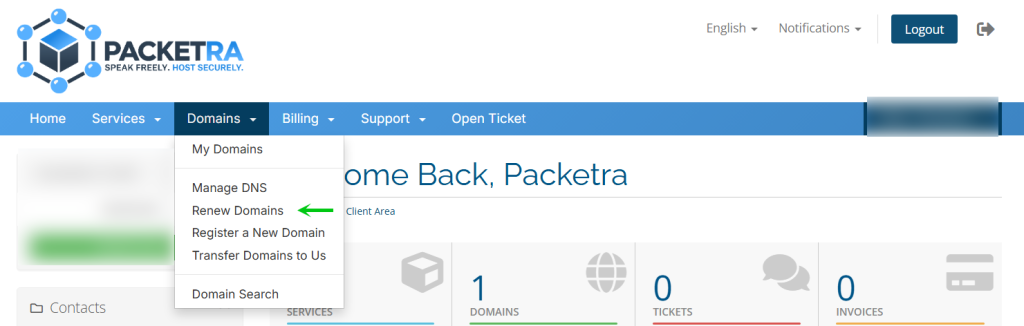 Click Domains, Click Renew Domains to access the domain portal for the renewal action.