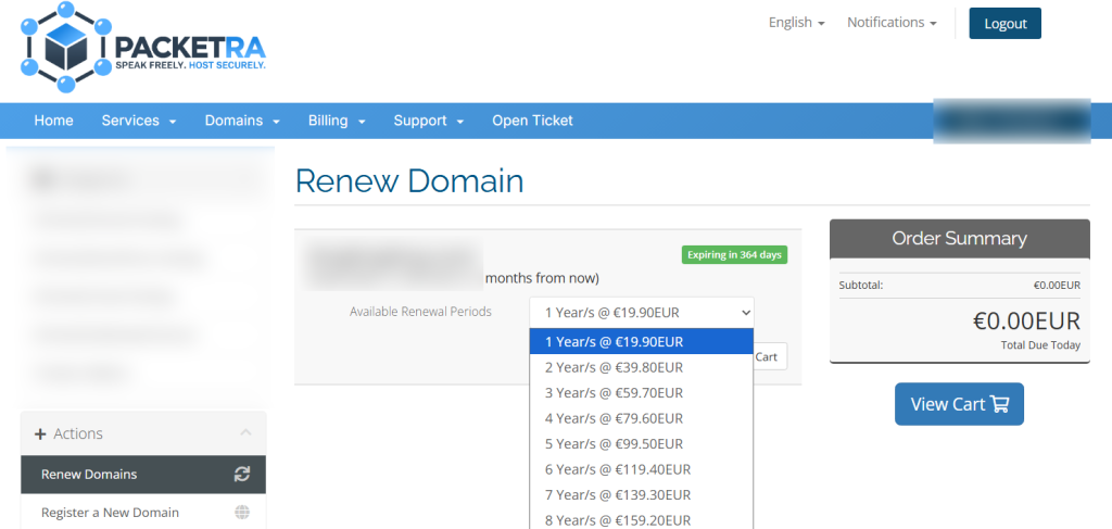 Selection screen for the domain renewal