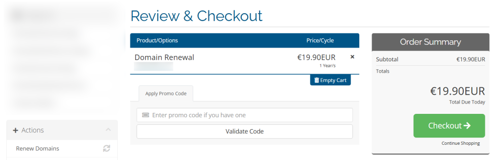 Review and checkout for your domain renewal