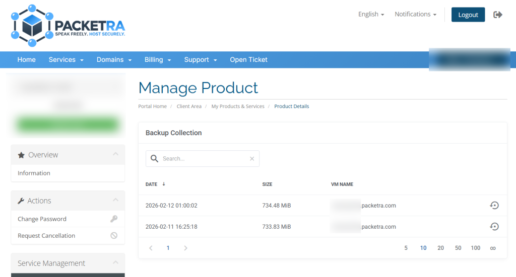 Backup Collection Step: View list of available backups