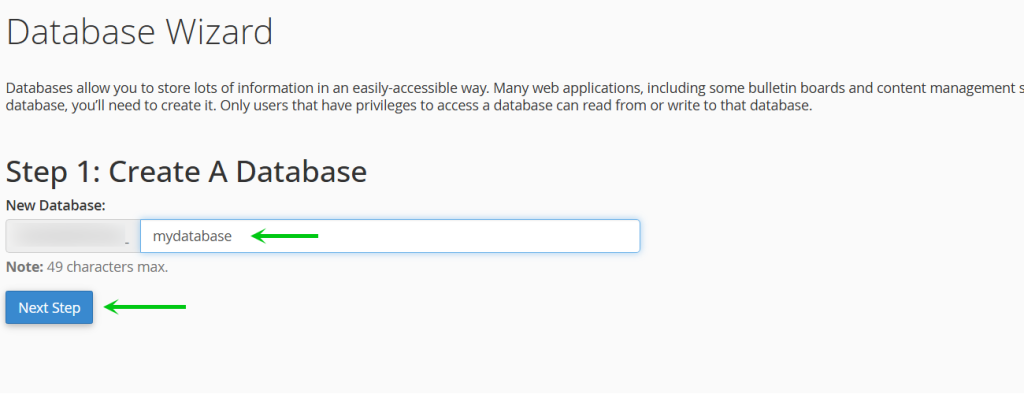 Create a database under the MySQL Database Wizard