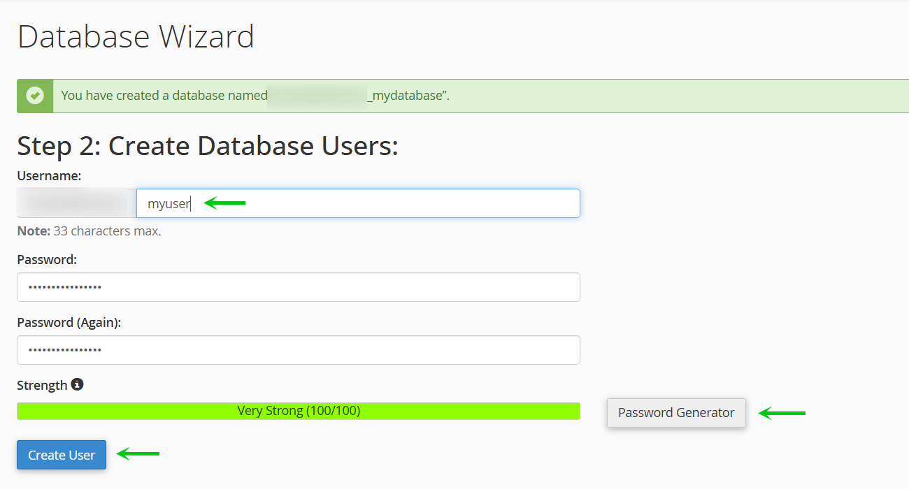 Create Database User under the MySQL Database Wizard