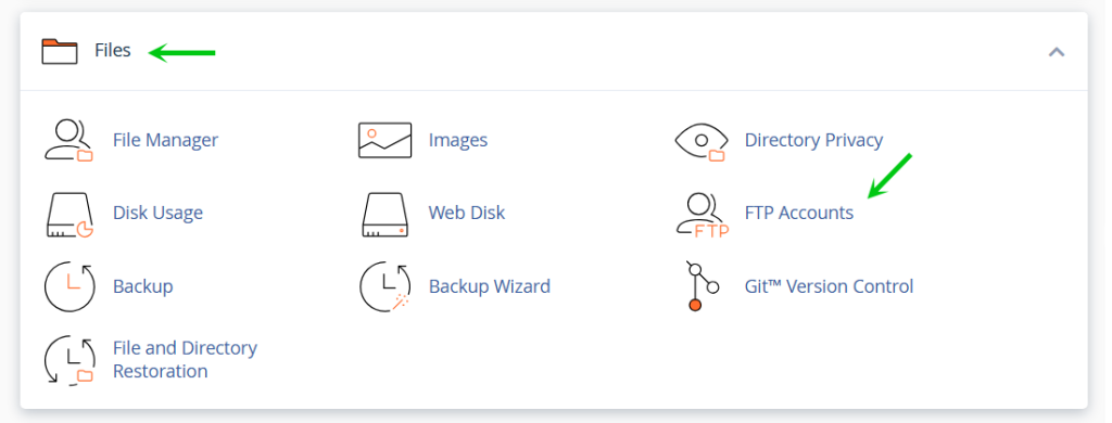 Find FTP Accounts under the Files Section in the cPanel
