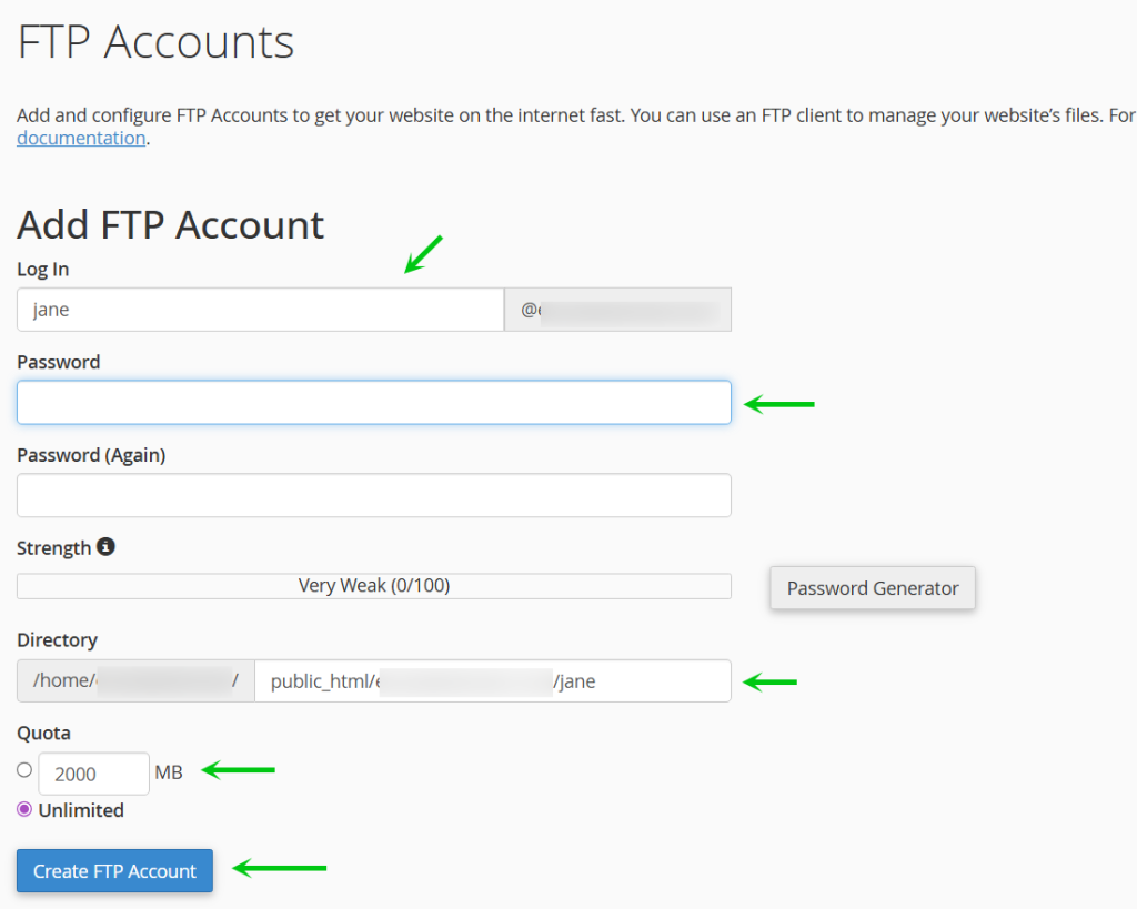 FTP Account creation, filling in the details and click Create FTP Account
