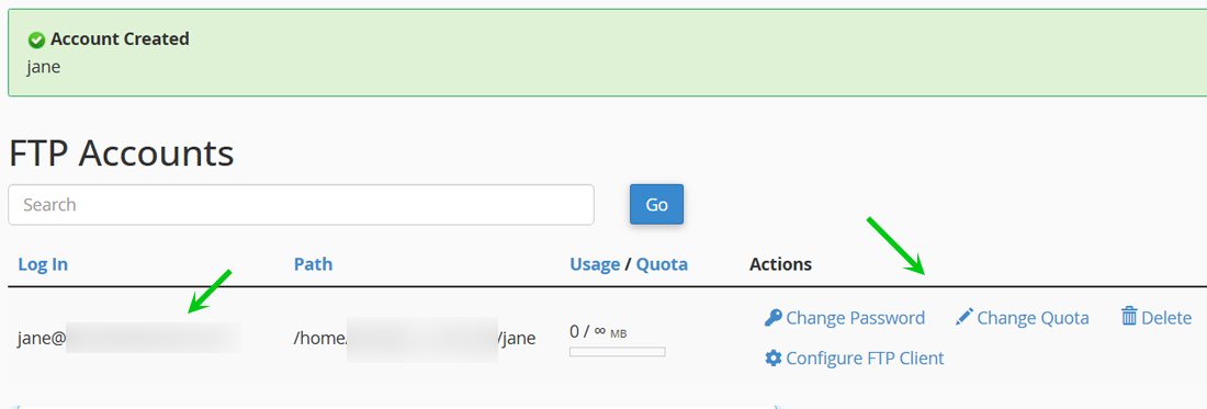 FTP Account created, action possibilities such as Change Password, Configure FTP Client or Delete the Account.