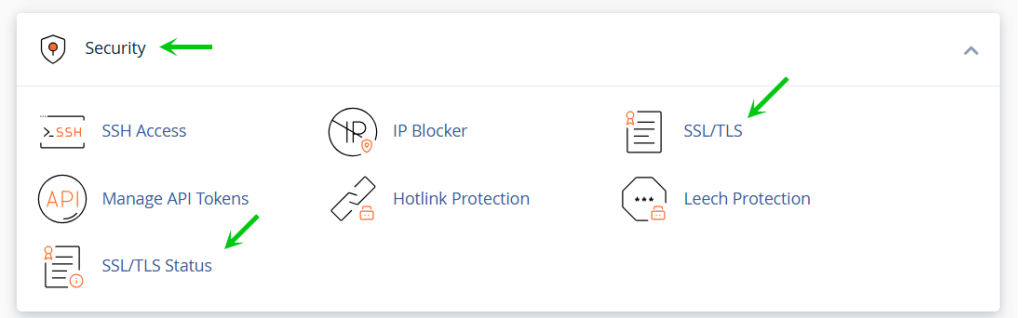 cPanel security section, click the SSL/TLS Status button