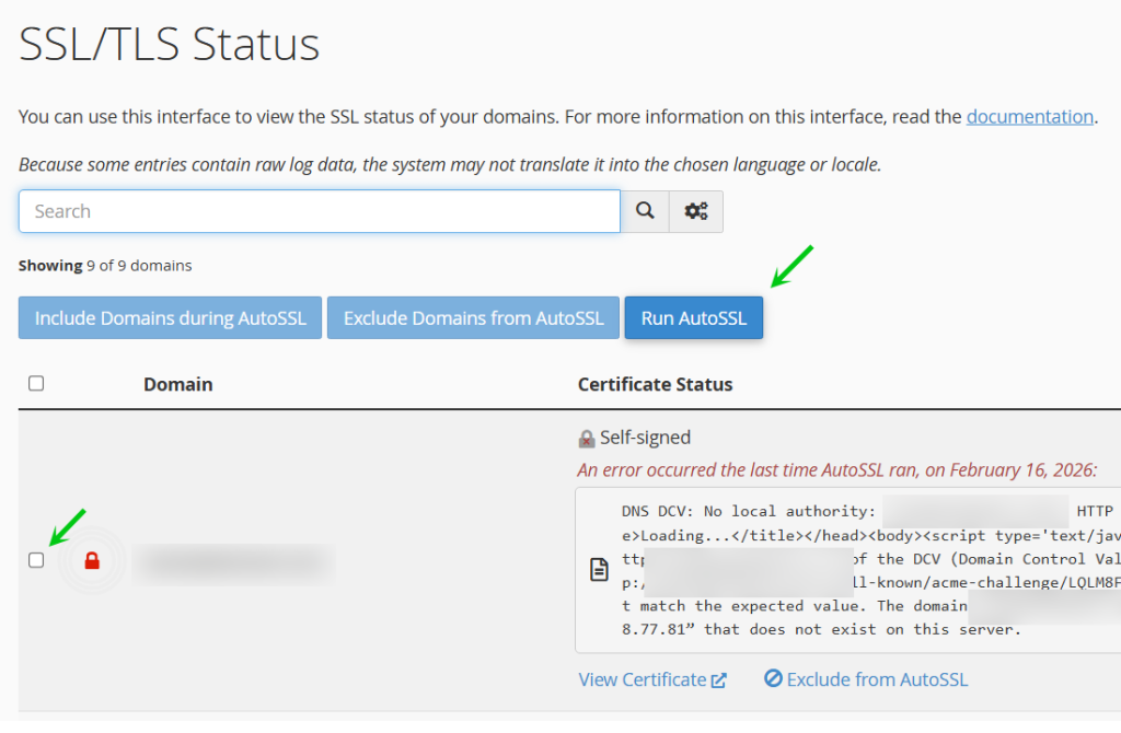 Select checkbox next to the domain in your cPanel to install the ssl certificate, then click the Run AutoSSL button