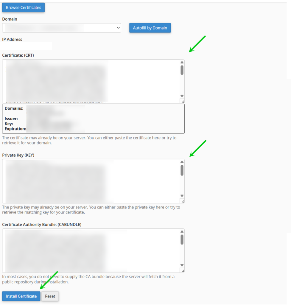 Fill in all details such as CRT, KEY and domain, then you can click the Install Certificate button to install it.
