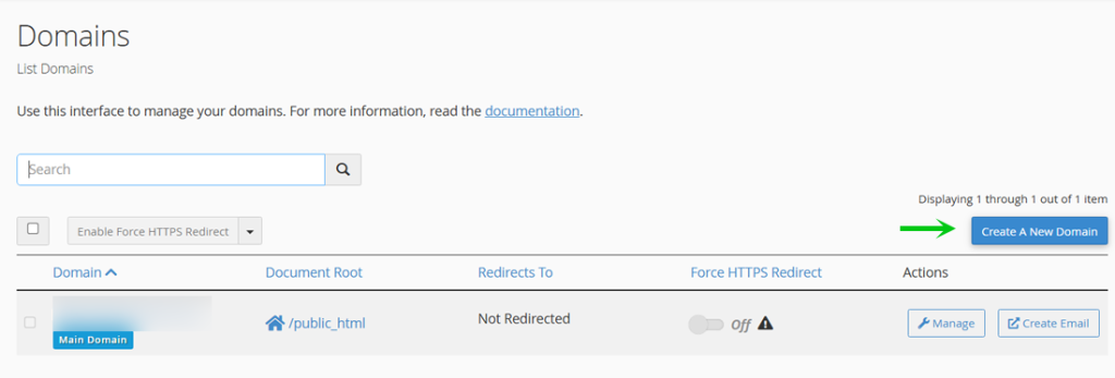 Click "Create a New Domain" on page to create your Subdomain record in your cPanel
