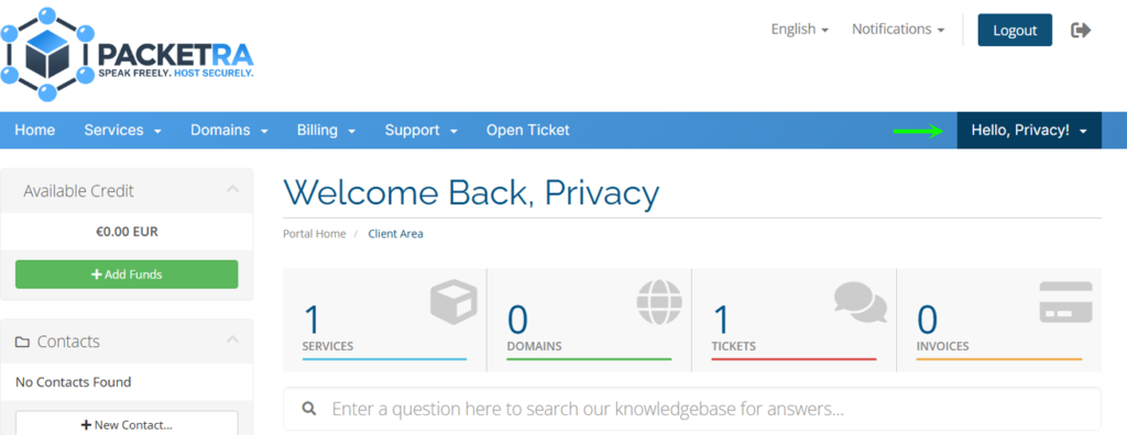 Client Area Main Page