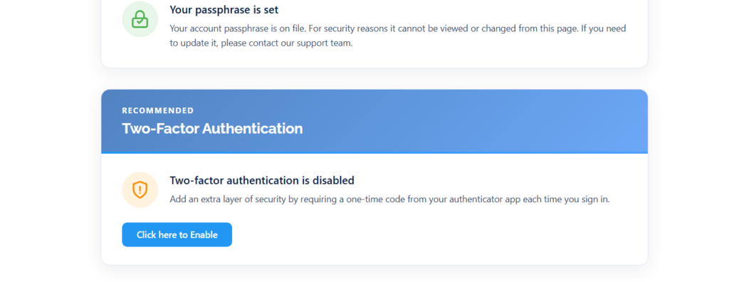 Security settings page, click to enable two factor authentication
