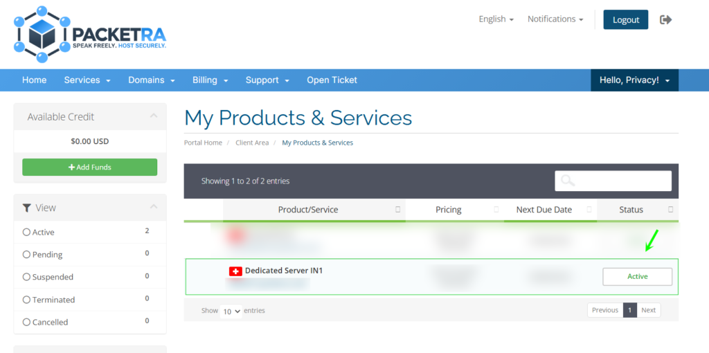 Product and services main screen