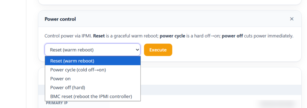 Power controls showing reset, power on, power off, power cycle and BMC reset