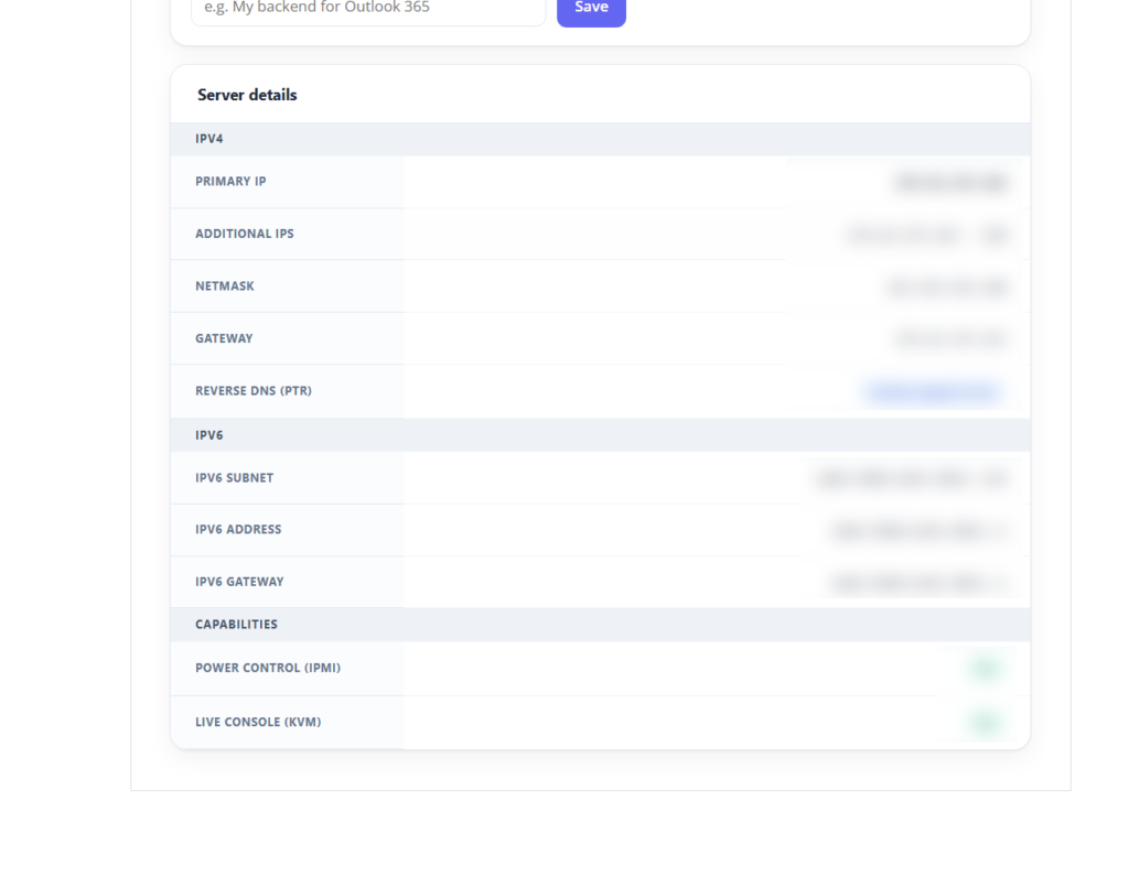 Server detail overview showing IP and Gateway and Netmask and other vital information.