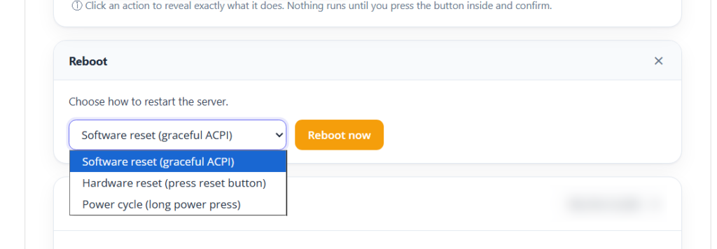 Reboot dropdown with options of Reboot