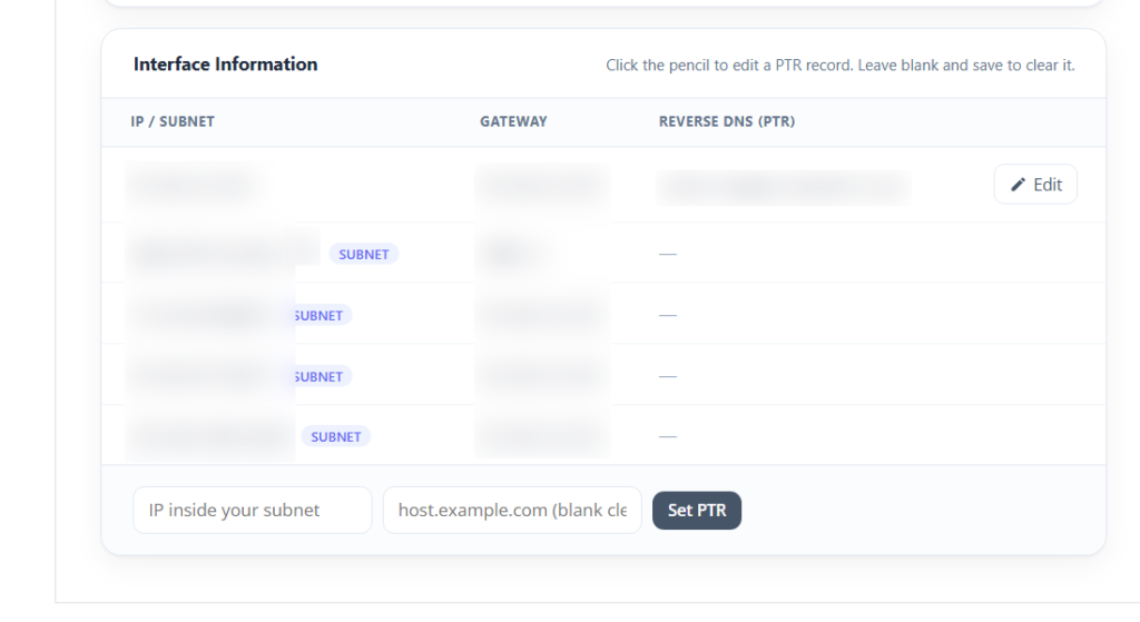 Interface information and PTR (rDNS) controls