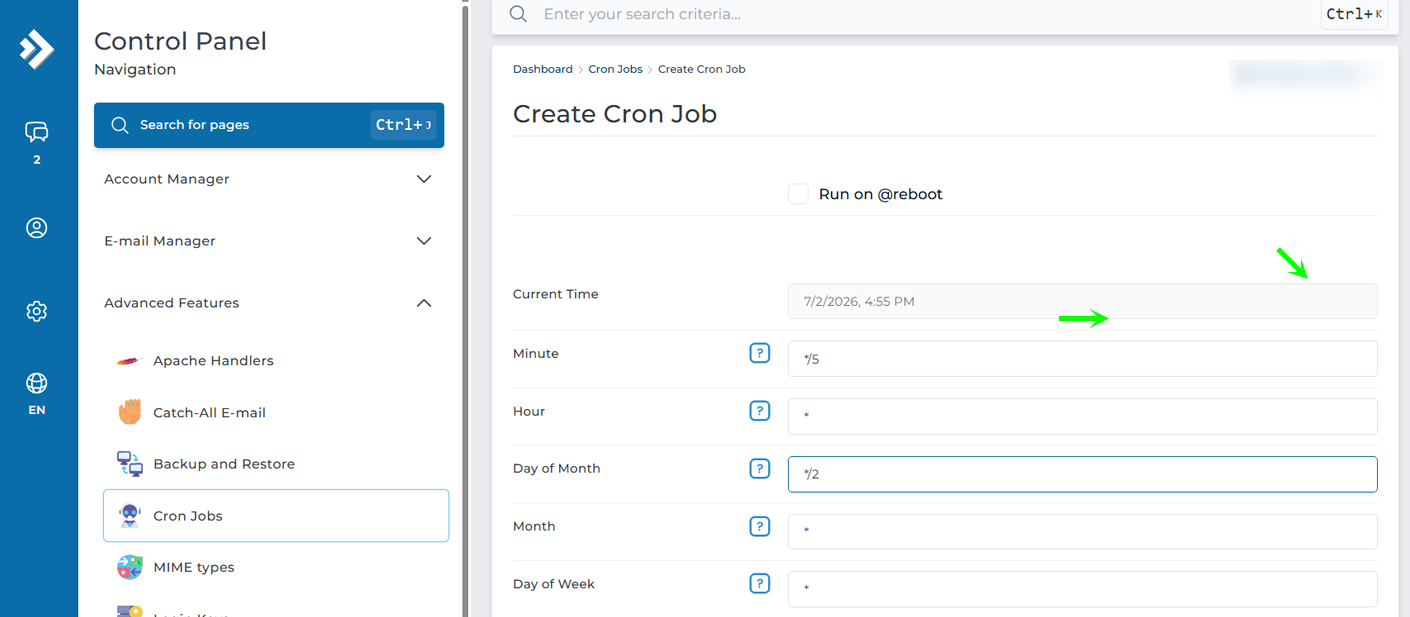 Cron Job Create screen, set time for a cronjob