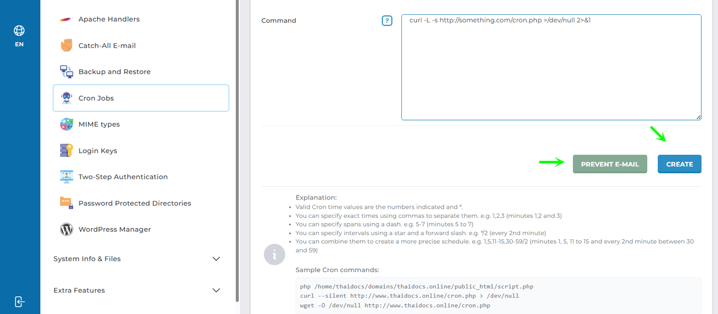 Cron Job create screen, set command to run with cron.