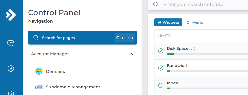 Main Control panel page with sidebar visible.