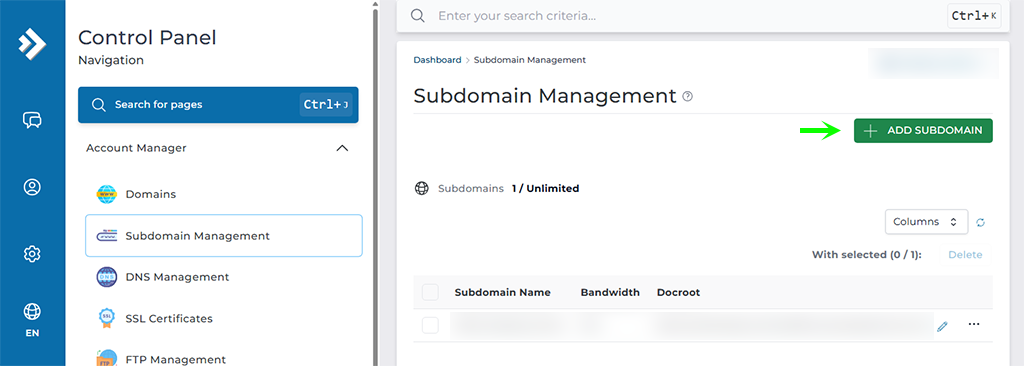 Subdomain management page, add a subdomain record or delete.