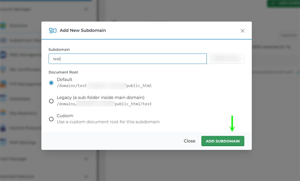 Add new subdomain record and its location