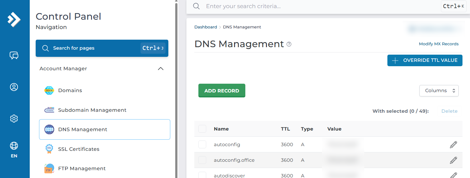 DNS Management content page where all records are kept