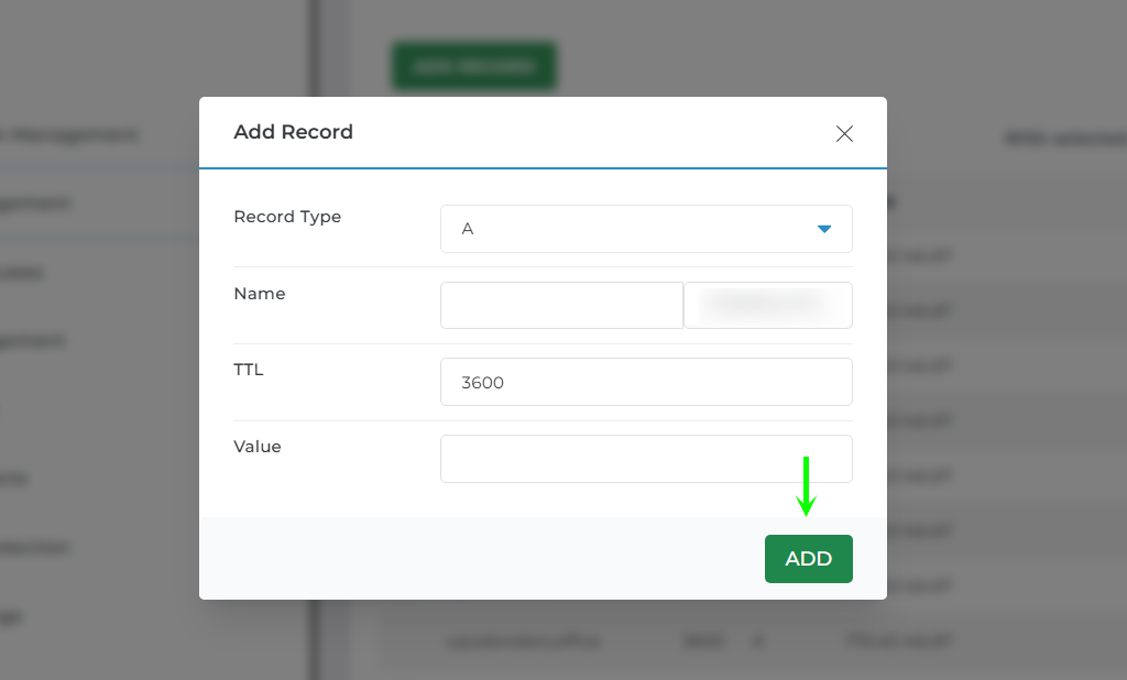 DNS Record add dialog box