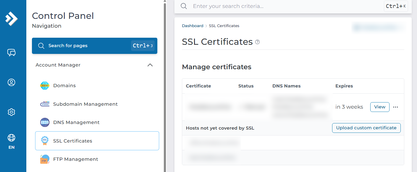SSL Certificates main screen
