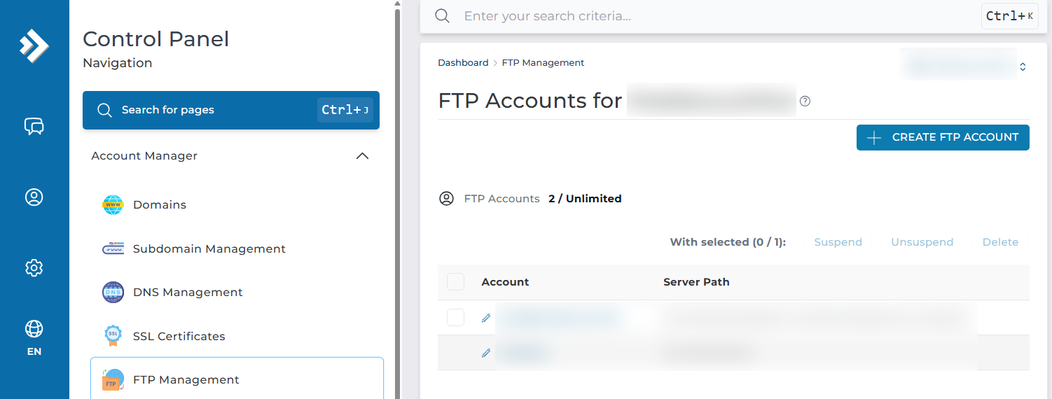 FTP Management main screen