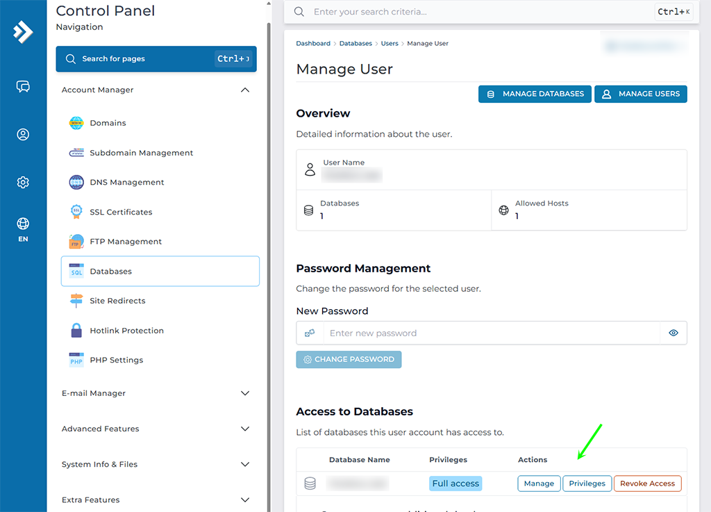 Overview over Manage User screen where you can manage and revoke privilileges for a user/database.