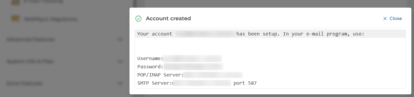 Account created dialog box with all the information required to setup 