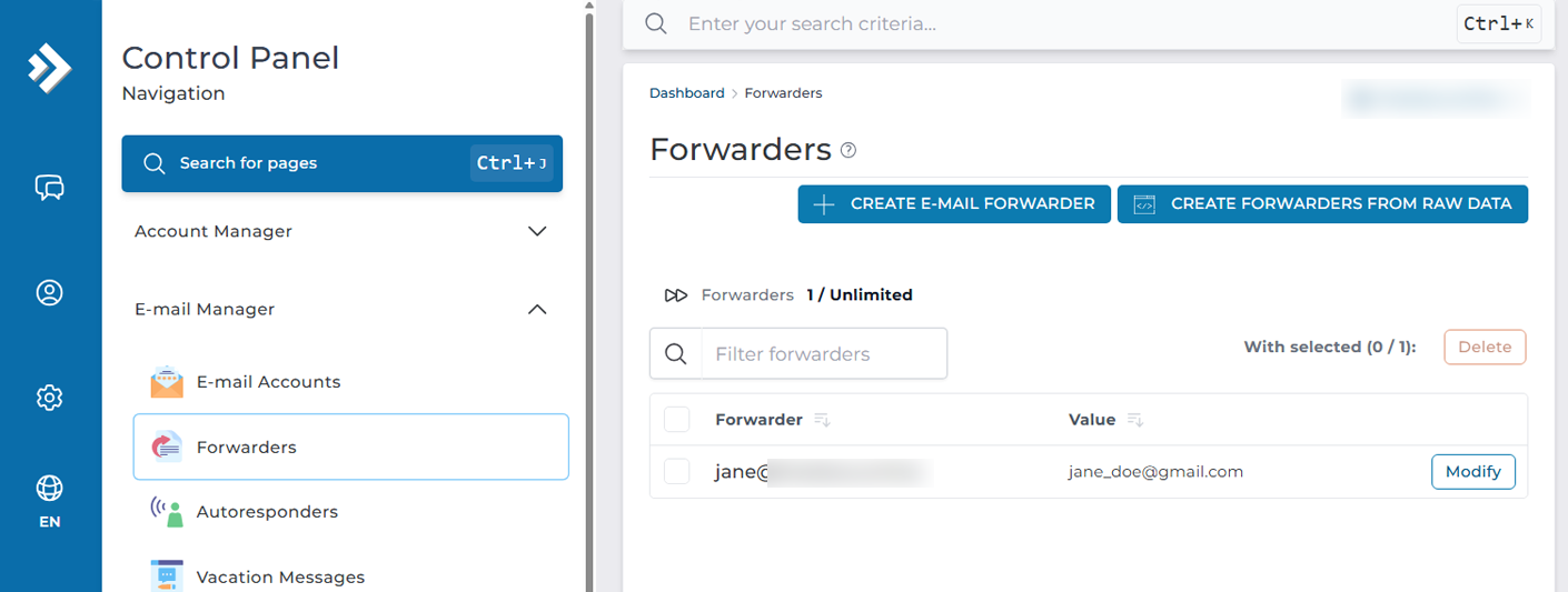 Forwarders main screen