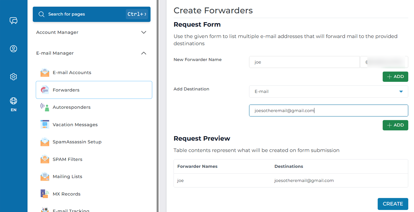 Create forwarders of 4 different types such as Email, Pipe, Blackhole and Fail.